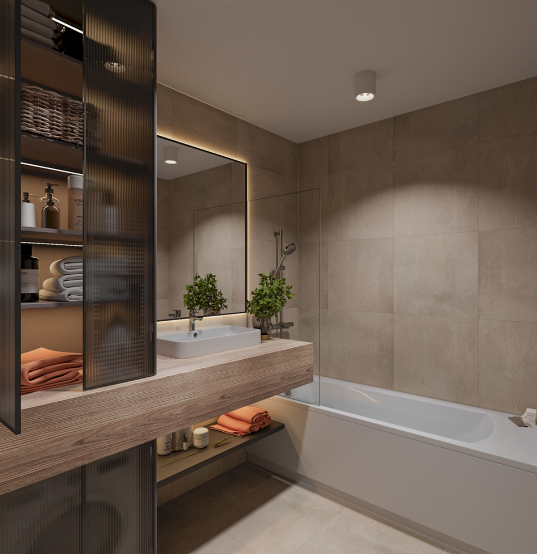 Modernes Badezimmer mit holzverkleidetem Waschtisch, rechteckigem Waschbecken, Badewanne und beleuchtetem Spiegelschrank.