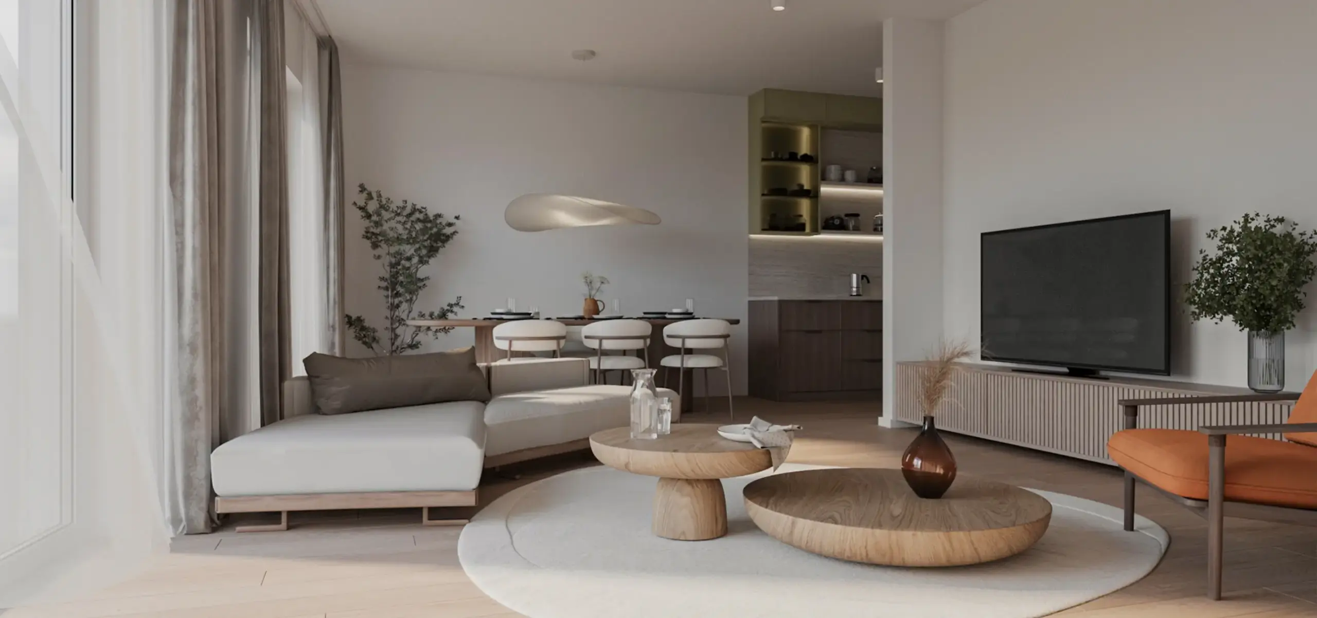 Modernes, offenes Wohnzimmer mit weißer Eckcouch, runden Holztischen und einem Essbereich im Hintergrund.